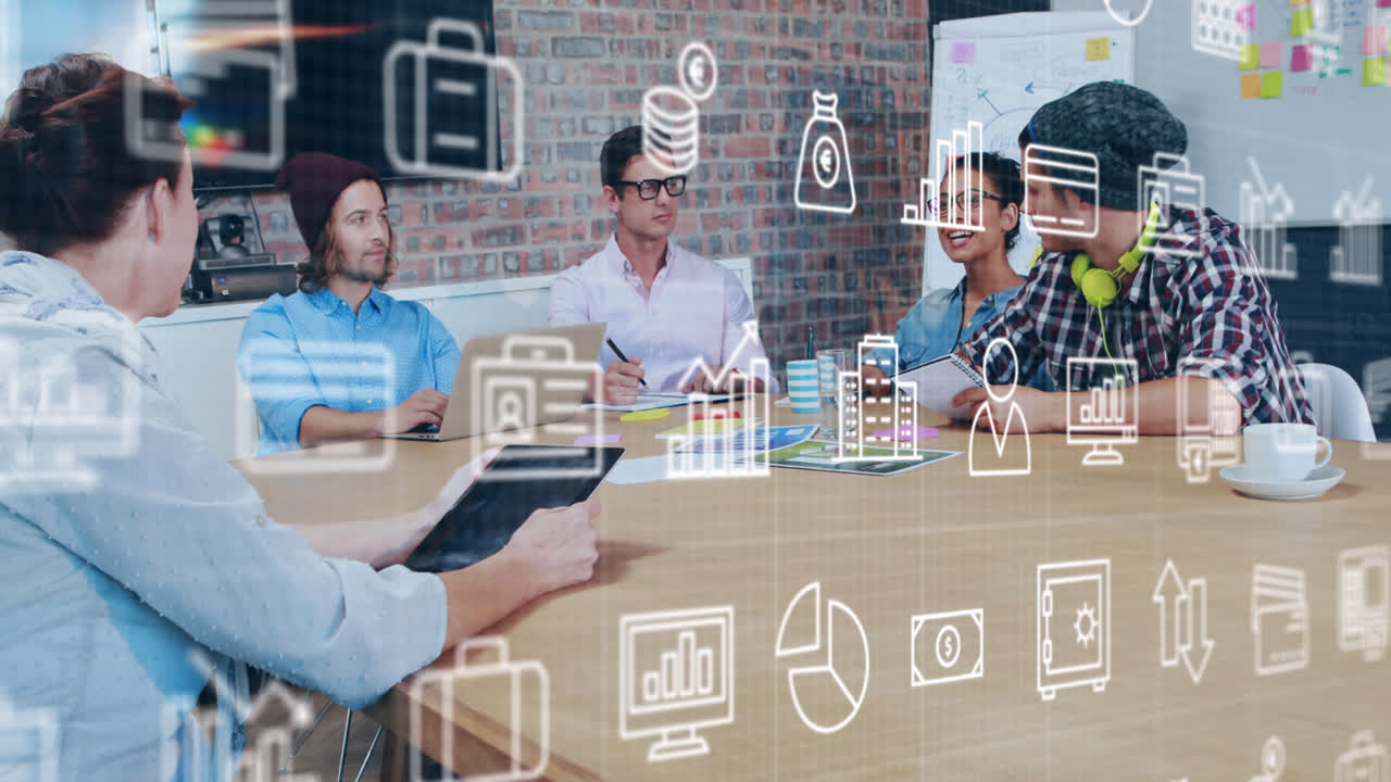 사무실에서 다양한 사업가들을 상징하는 비즈니스 아이콘의 애니메이션