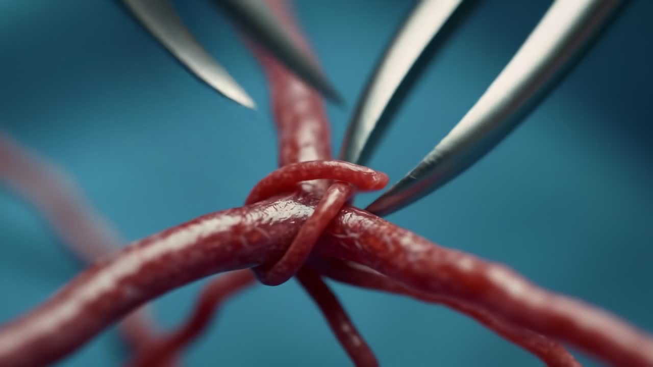 Detailed Close-Up of Surgical Instruments Engaging with Vascular Tissue, Illustrating Precision and Technique in Surgical Procedures on Living Organisms