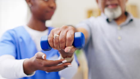 rehabilitation, weights and nurse with senior man
