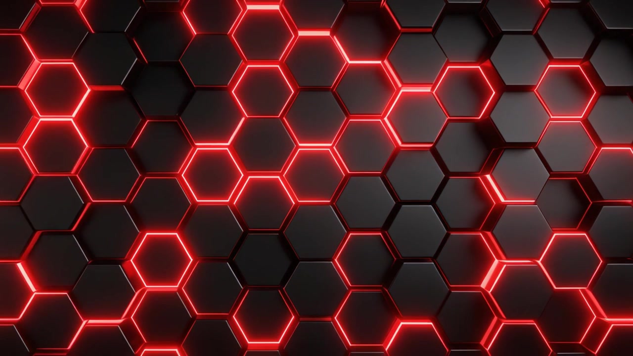 Abstract Background of Moving Black Hexagons with Glowing Red Edges