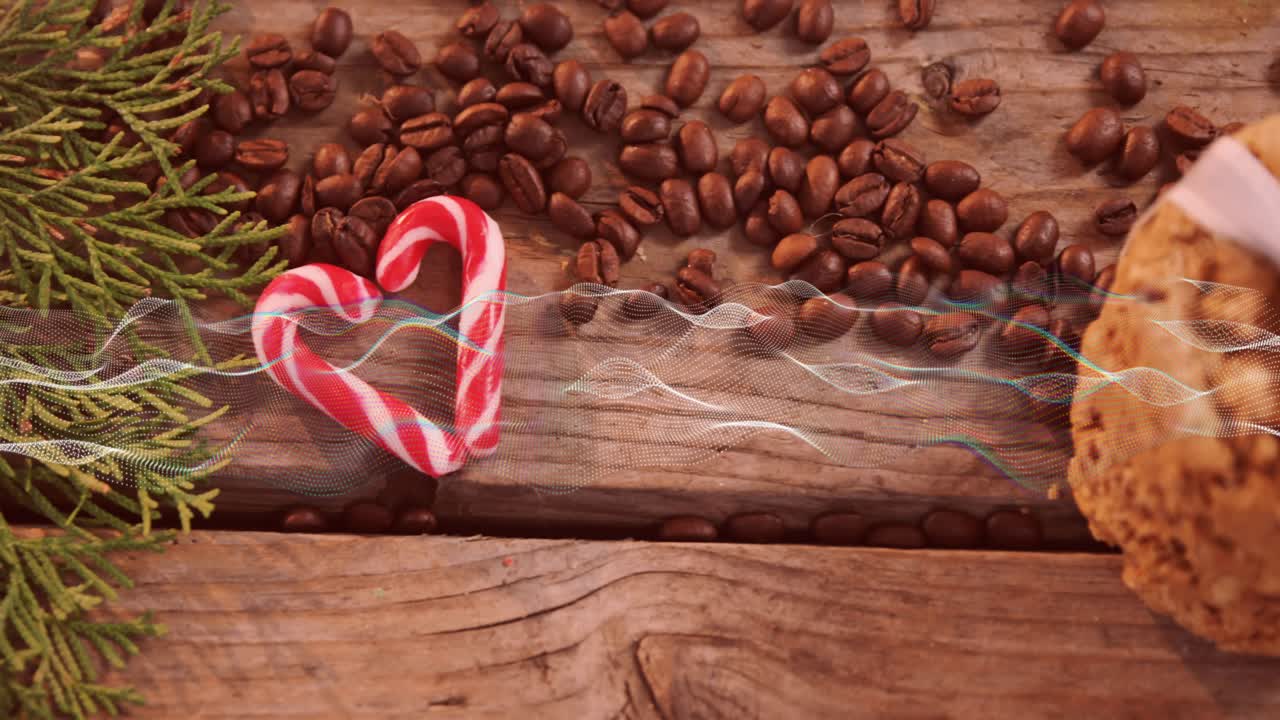 Teal waveform appearing on tabletop, pulsing and shifting over coffee beans, cookies to show sound