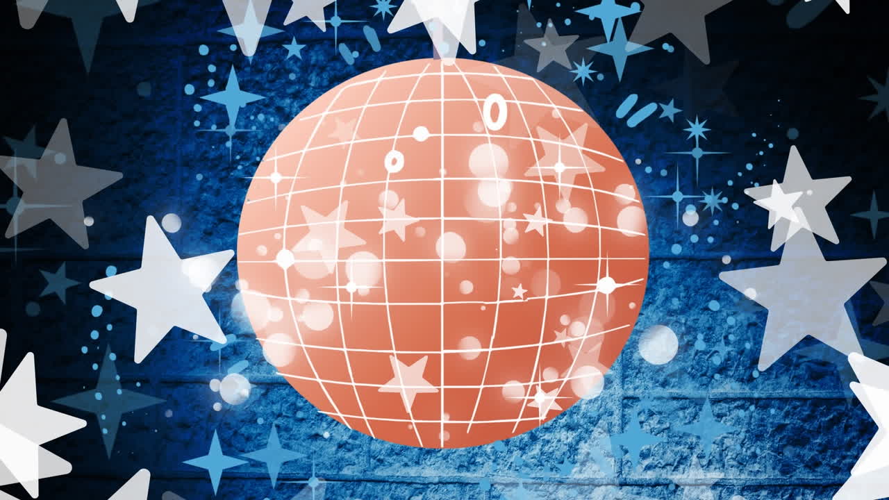 하 ⁇  크리스마스 별과 파란색 배경에 회전하는 분홍색 거울 공의 애니메이션