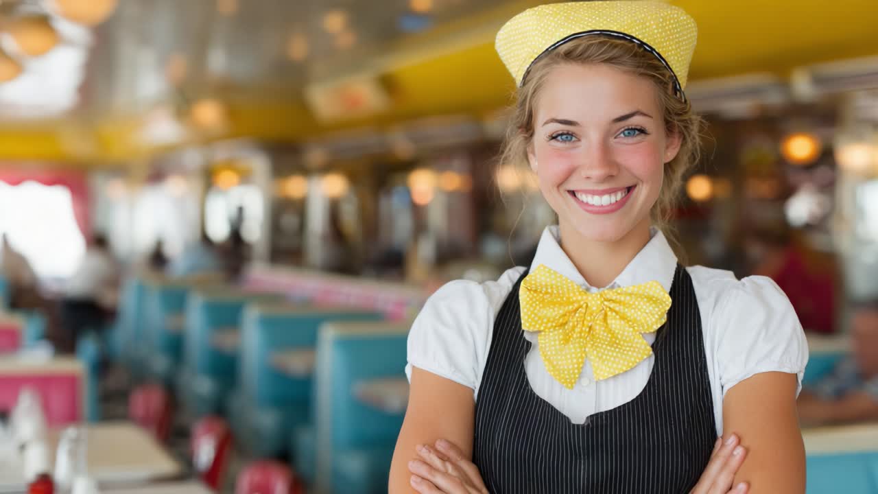 Una cameriera allegra in un ambiente da tavola calda classica irradia calore e ospitalità con un sorriso smagliante e un abbigliamento vintage, perfetta per invitare i clienti a gustare i loro pasti.