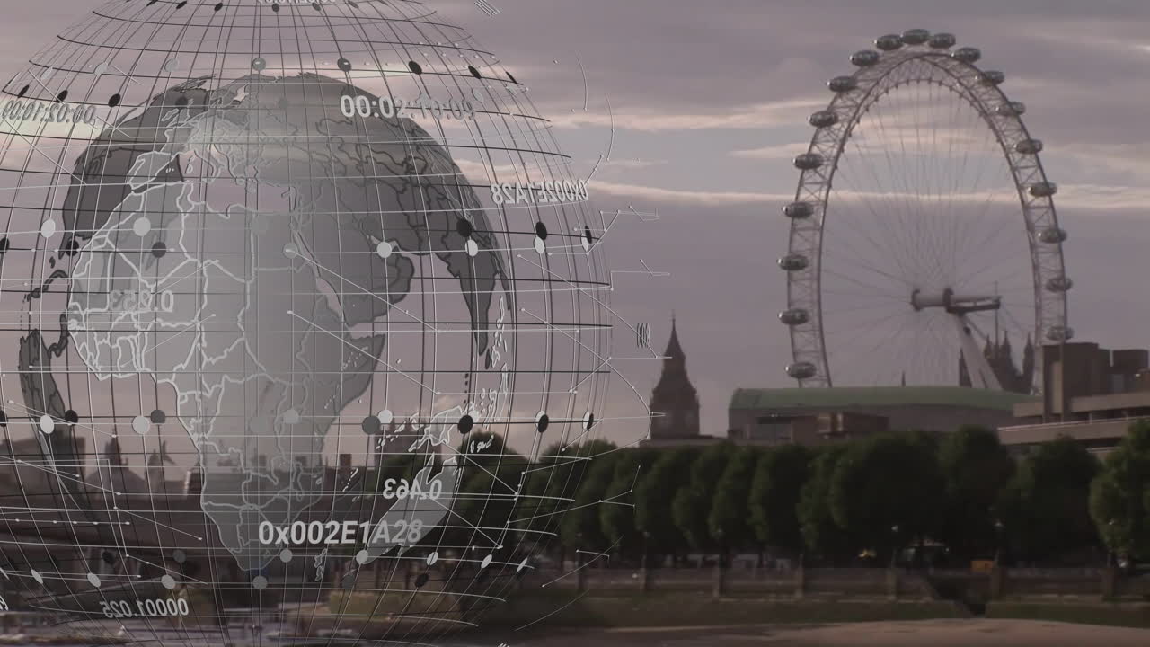 Digital globe and data animation over London skyline with Ferris wheel