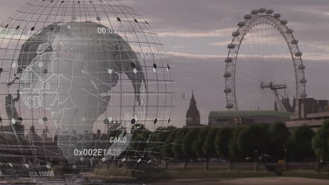 digital globe and data animation over london skyline with ferris wheel