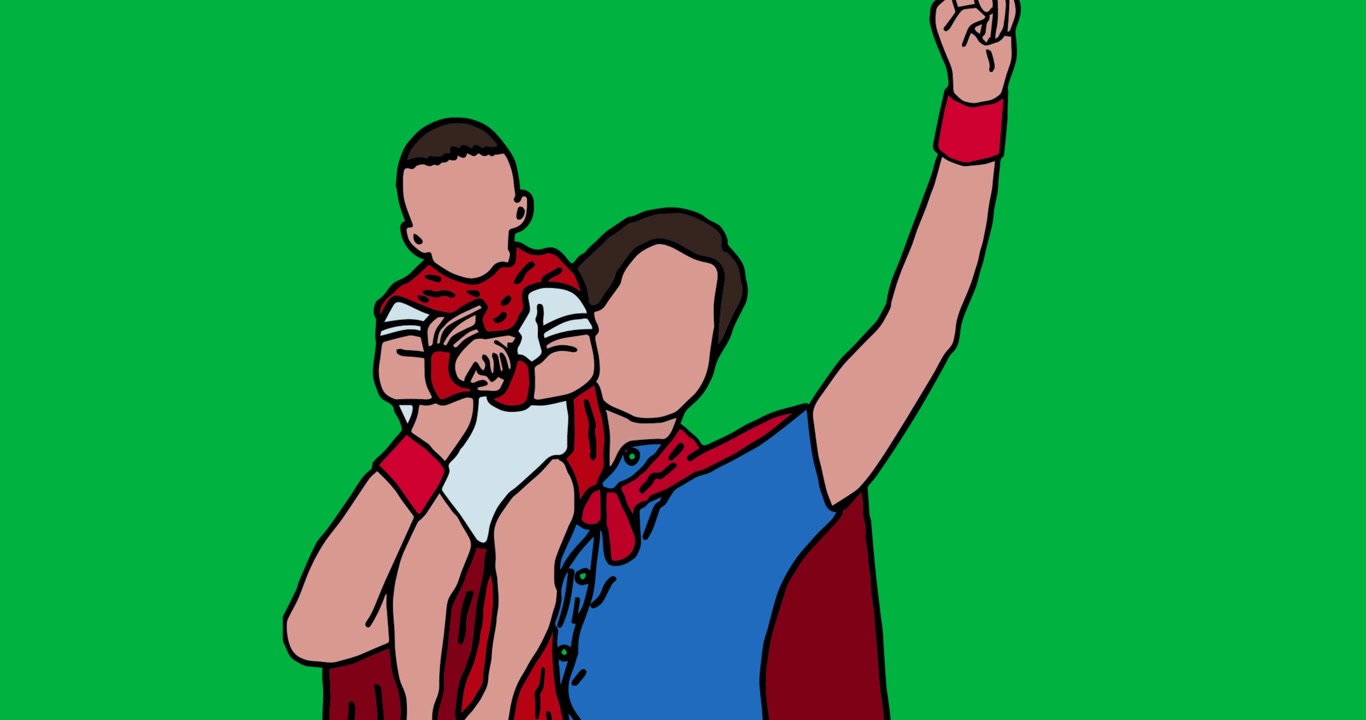 Animación digital de padre e hijo como icono de cliente de superhéroes sobre fondo negro