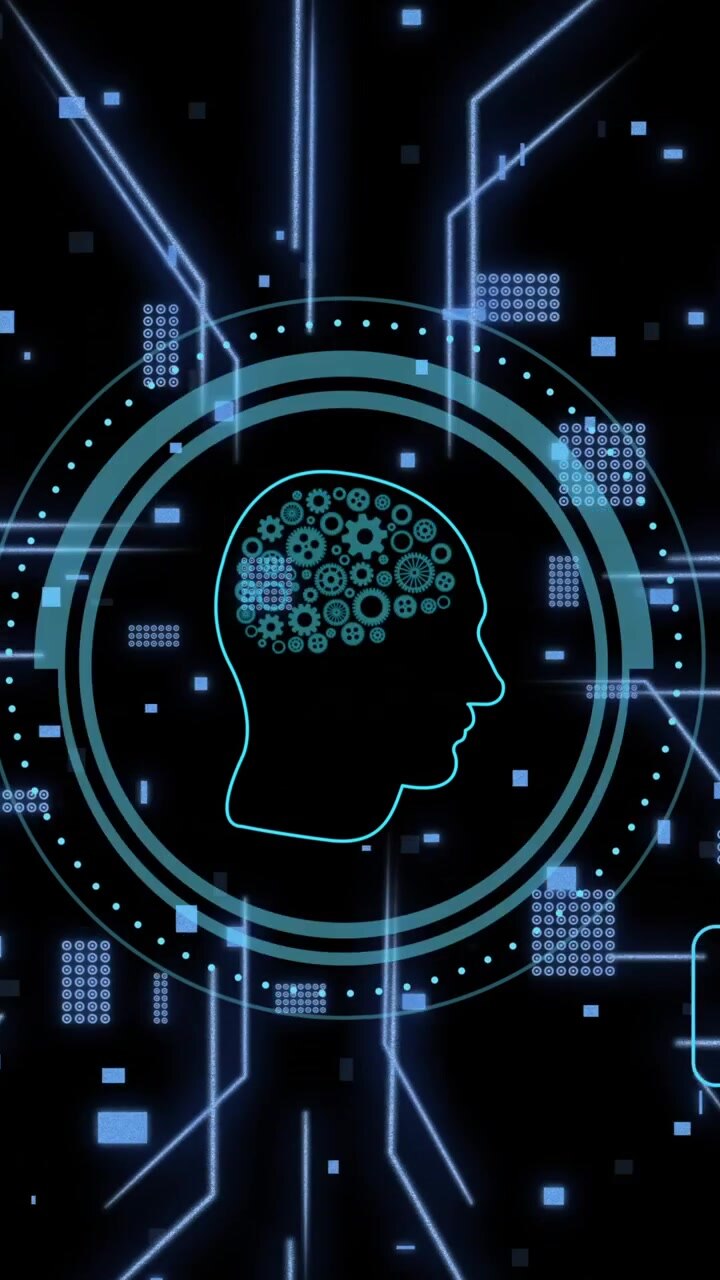 Animation of human brain and ai data processing over black background
