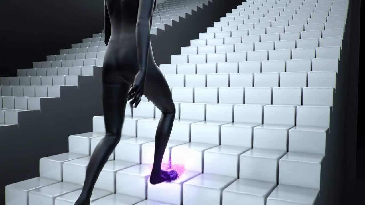 Female figure ascending cubic steps, placing foot and lighting pink glow, exiting frame for tech