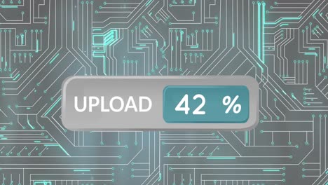 animation of upload and changing numbers in bar over circuit board pattern on gray background