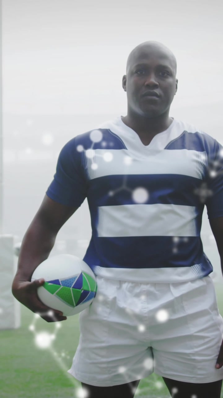 Animação de estruturas químicas sobre jogadores de rugby masculinos em um estádio.
