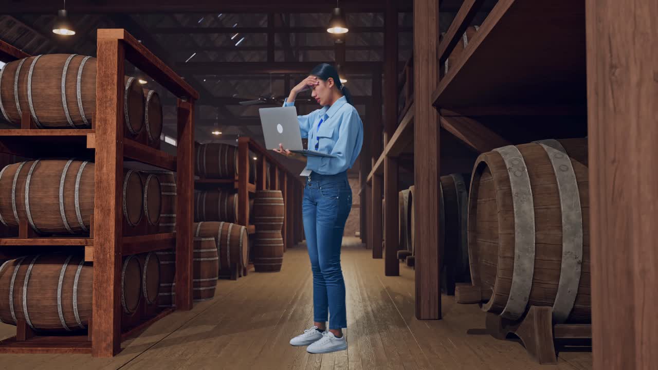 Full Body Side View Of An Asian Female Professional Worker Standing With Her Laptop In Cellar Of Winery, Typing And Dissapionted With Nodding Her Shead