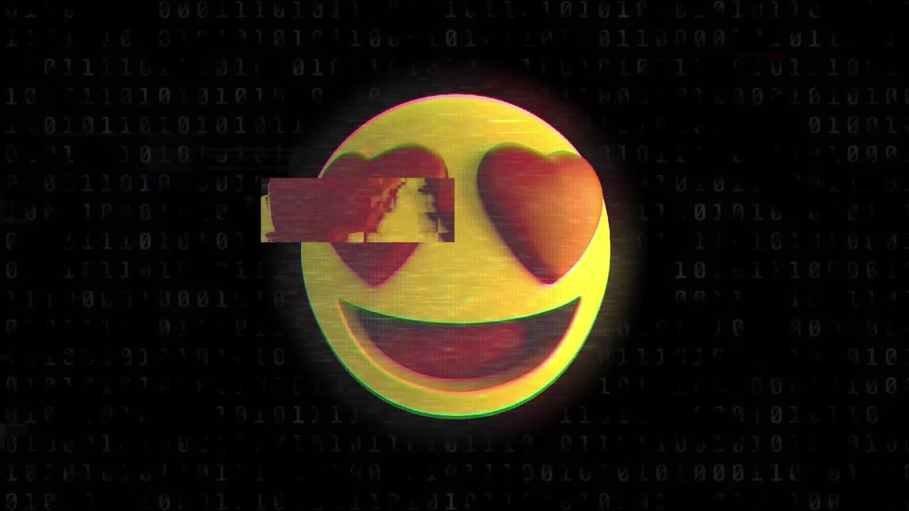 animación de los medios sociales con un icono de emoji sonriente con corazones rojos ojos sobre fondo negro