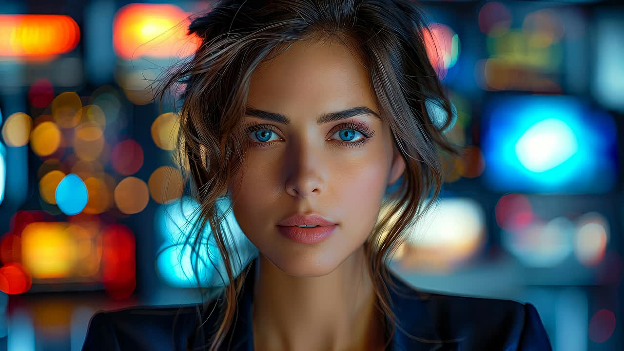 Woman with eyes shut in light. A woman with her eyes closed stands in front of colorful lights. She seems to be deep in thought or feeling a moment