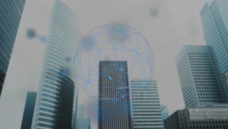 blue network sphere floating above skyscrapers in modern city