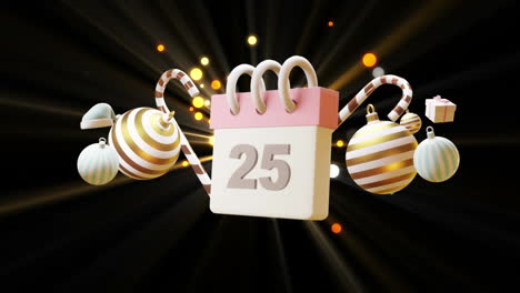 calendar with 25 text and christmas baubles over starburst and light spots on black background