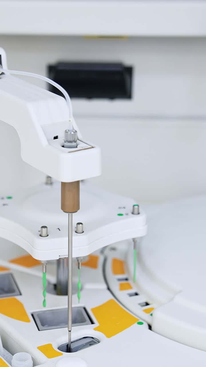 Equipment working at the modern science laboratory. Close up. Advanced apparatus for blood testing at hospital. Vertical video