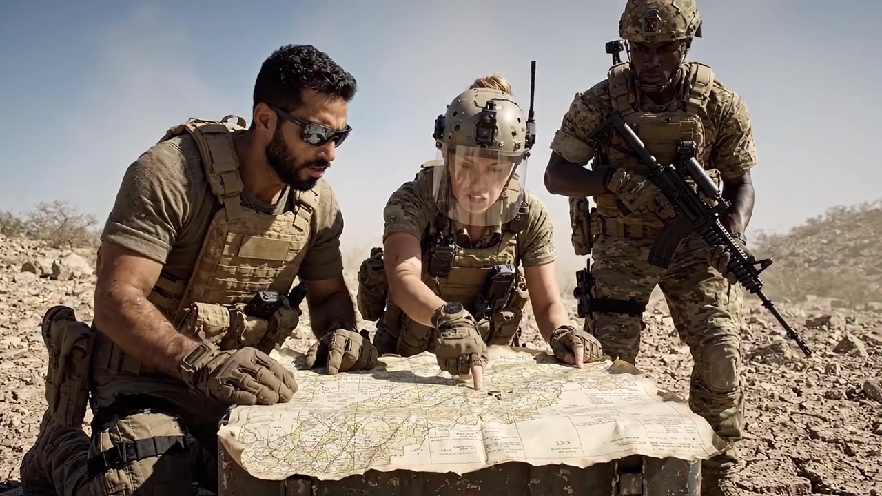Militært personel samles omkring et detaljeret kort, lægger strategi for deres mission i et barskt terræn, hvilket viser teamwork og fokus i et udfordrende miljø