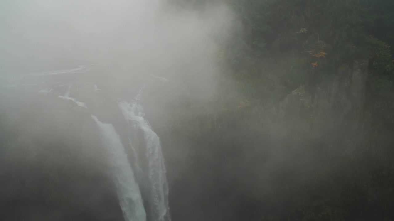 snoqualmie의 바닥은 가을 안개 낀 아침에 떨어집니다