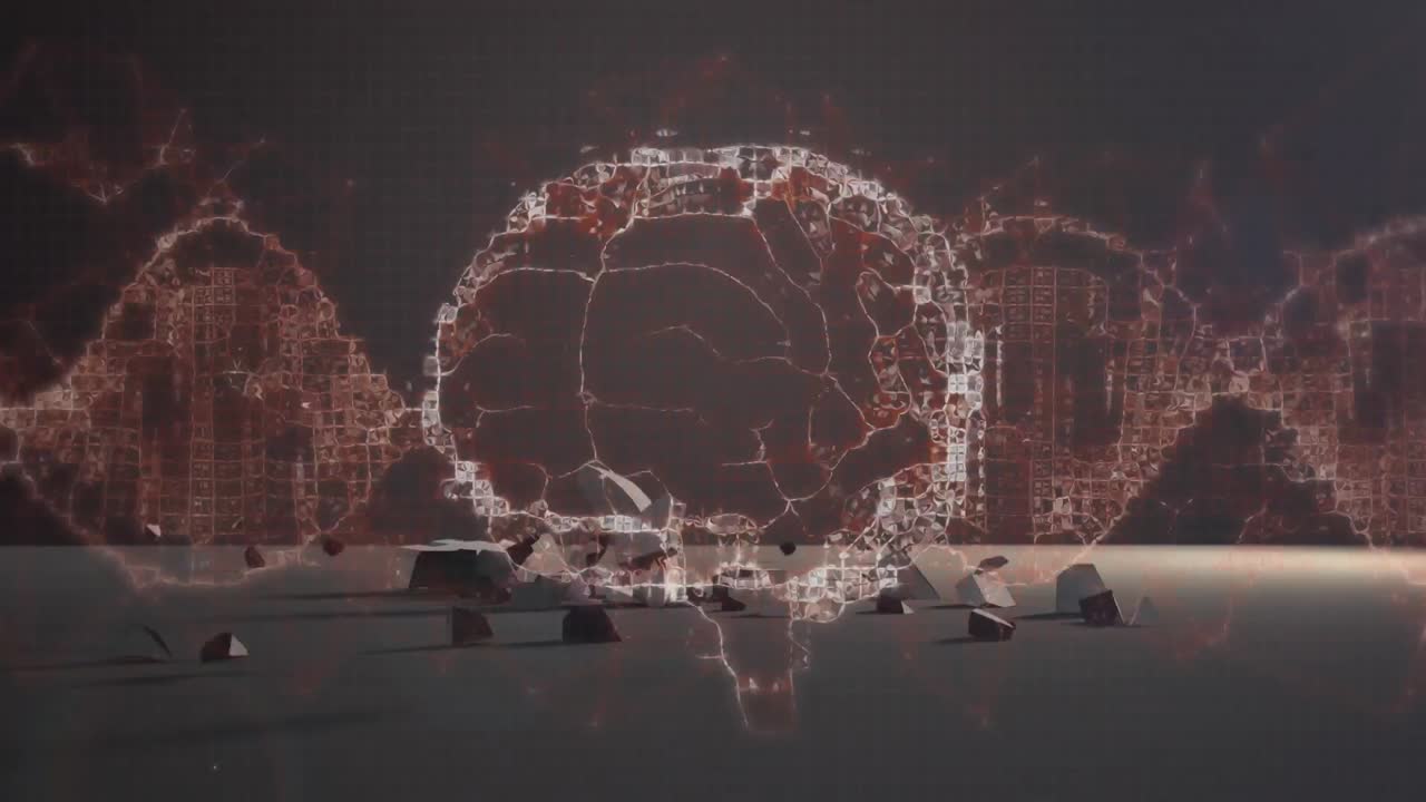 유로 화폐 기호가 떨어지고 회색 배경에 부서지면서 인간의 뇌가 회전합니다.