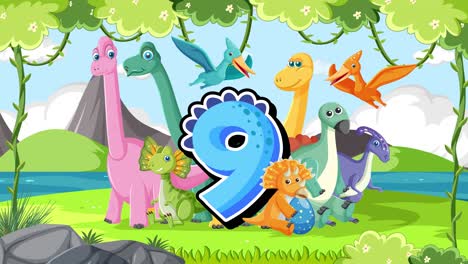 number 9 with dinosaurs in a jungle scene