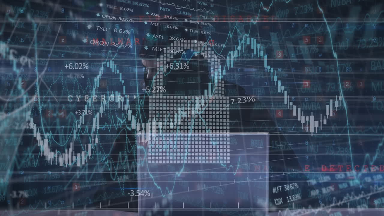 animación de datos financieros y candado digital en el espacio digital.