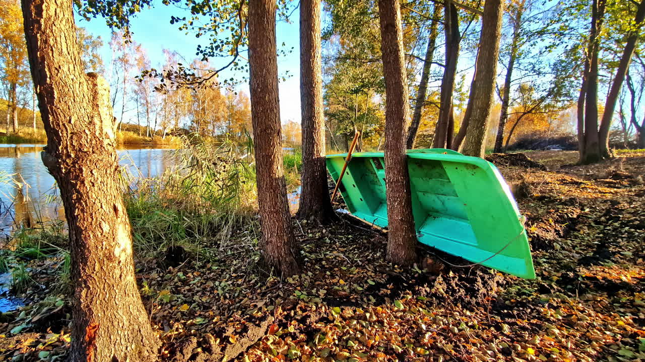 Serene autumn view in Riga, Latvia with boats and colorful trees by water