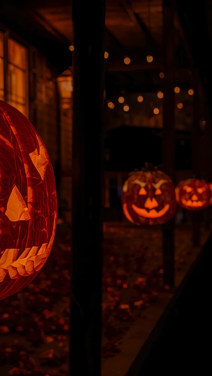 Vertical video: Camera panning on porch showing three carved pumpkins string lights lamp and leaves