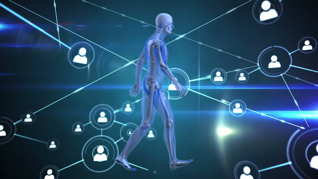 인체 모델 위의 연결 네트워크와 아이콘의 애니메이션