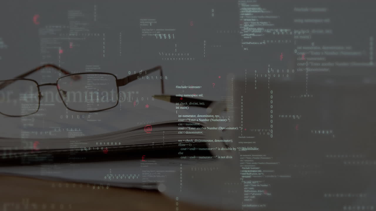 Rectangular eyeglasses resting atop wooden desk being overlaid with C++ code and binary digits