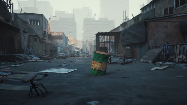 A desolate and destroyed city street in the aftermath of a catastrophic event