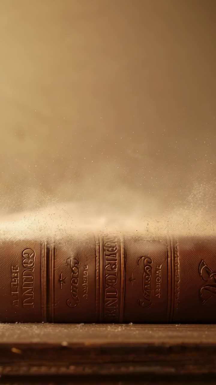 Video verticale: banda di polvere che si alza sopra il dorso in rilievo di un libro antico su una mensola di legno con luce calda