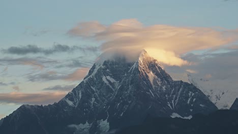 big himalayas mountains summit at sunset in nepal, snowcapped mountain top, beautiful dramatic snowy snow covered winter mountains landscape scenery from poon hill viewpoint