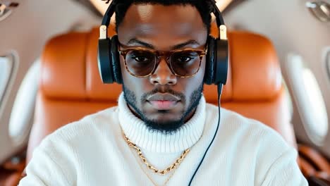 a man sitting in an airplane with headphones on and a laptop