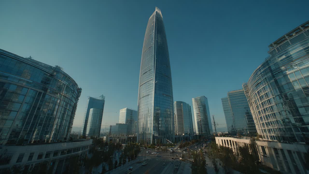 Una Vista Mozzafiato di un Moderno Grattacielo Circondato da Eleganti Edifici in Vetro Sotto un Cielo Azzurro Sereno, Evidenziando l'Architettura e il Design Urbano Contemporaneo