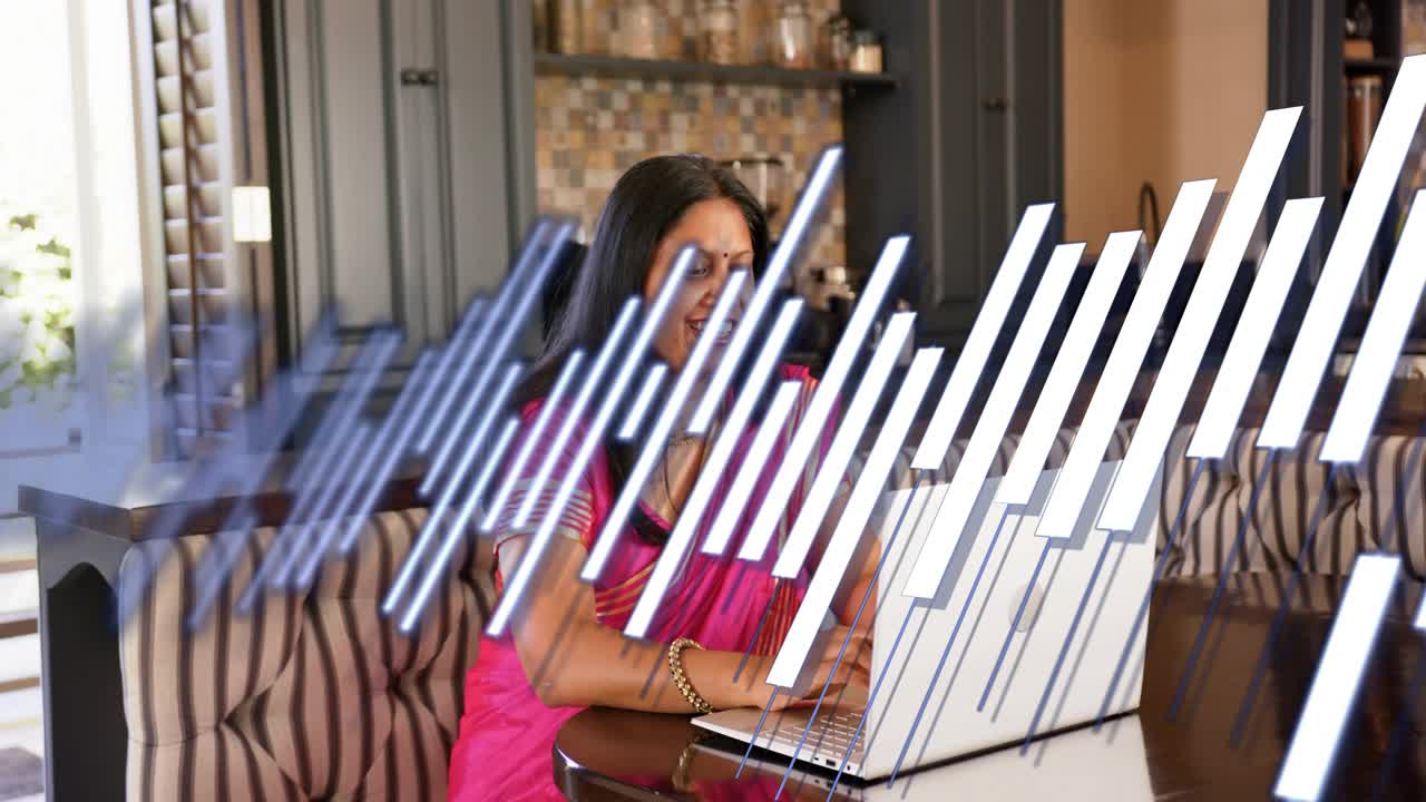 Woman pink sari singing into mic clicking record on laptop recording music as audio bars overlaying