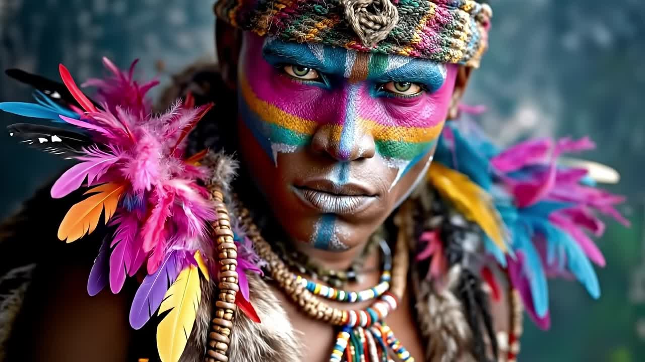 화려한 얼굴 페인트를 칠하고 머리에 깃털을 얹은 여자