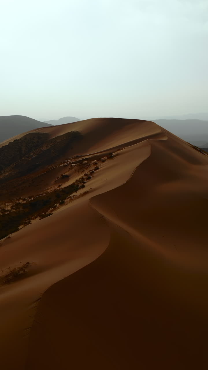 Veduta aerea di vaste dune di sabbia desertiche e montagne