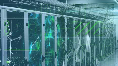 Animation of interface with data processing and plexus networks against computer server room