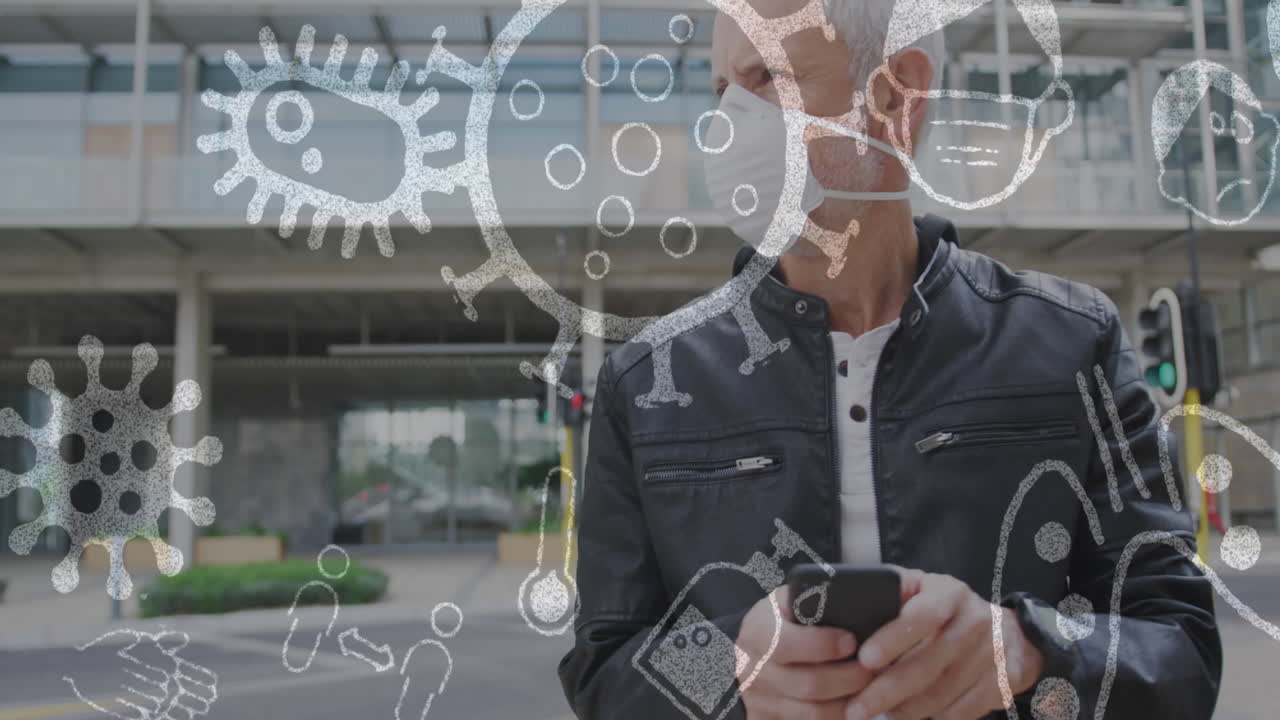 animación de células de covid-19 sobre un hombre mayor que usa una máscara facial