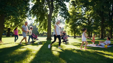 family picnic in the park and friends celebrating