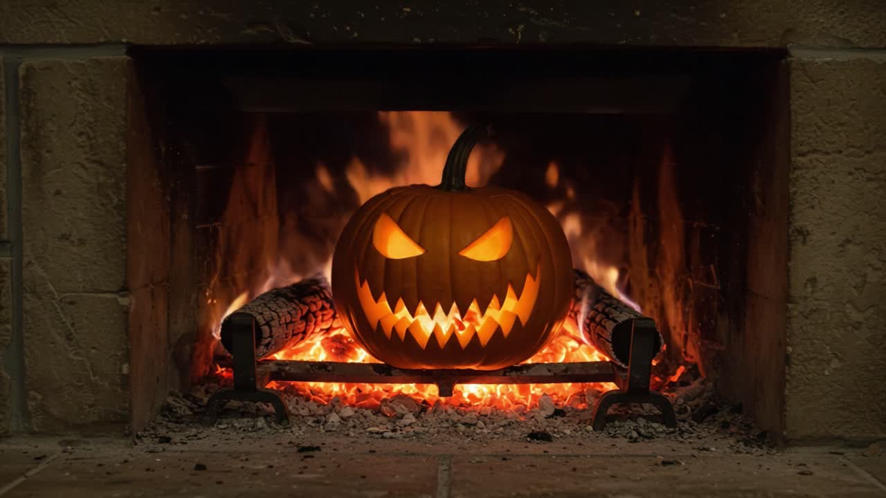 A Spooky Jack-o'-Lantern Illuminates a Cozy Fireplace, Casting Eerie Shadows on the Wall During a Chilling Halloween Evening Gathering