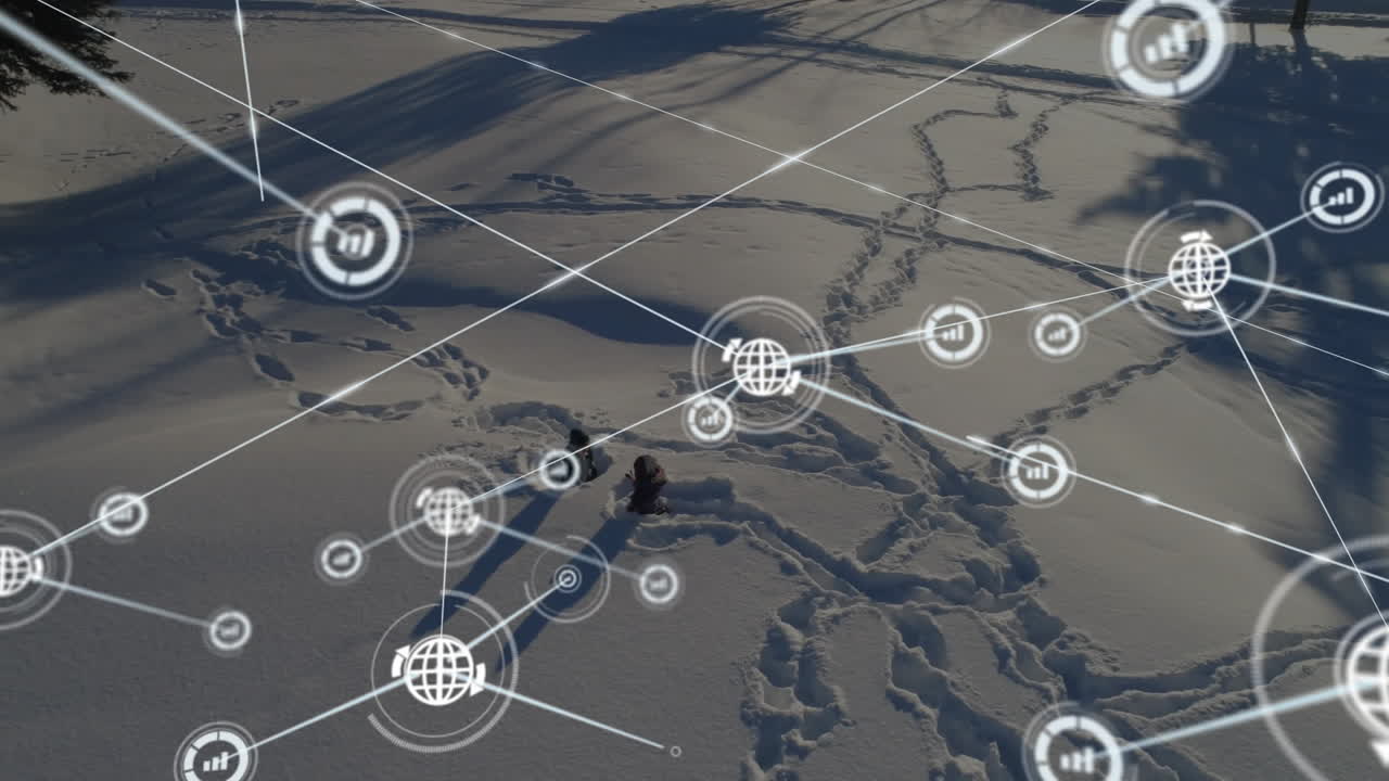 Network of connections and data processing animation over snowy landscape