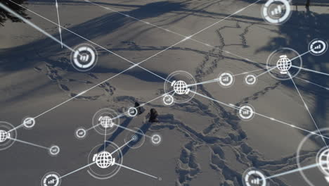 network of connections and data processing animation over snowy landscape