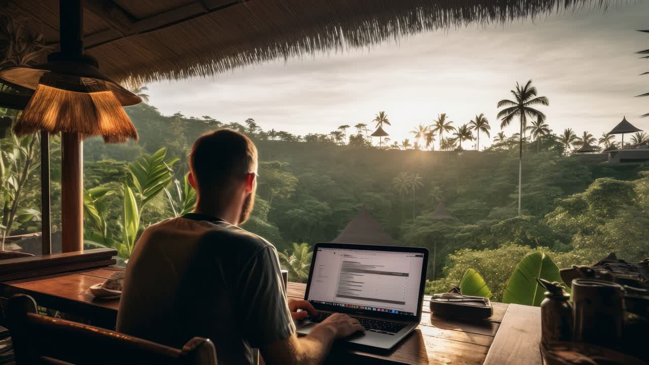 A man works on a laptop in a tropical setting, viewed from behind