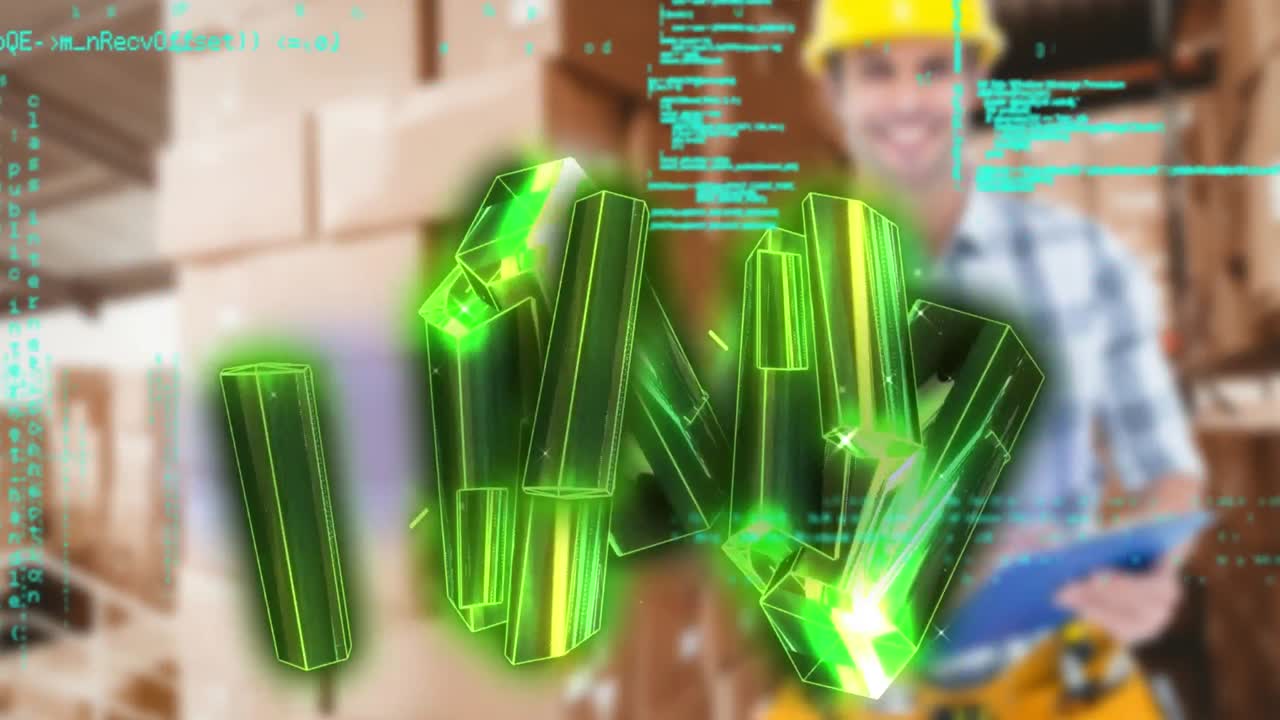 animación de procesamiento de datos y cristales sobre trabajador masculino caucásico en un almacén