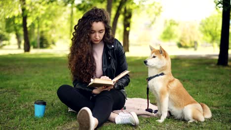 pretty young lady is reading book in the park and patting cute dog shiba inu breed, well-bred pet is sitting on the grass near its owner. animals and people concept.