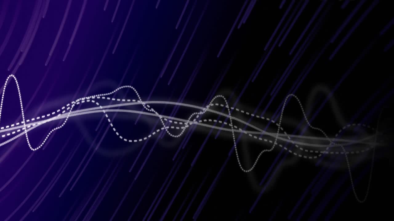 Animation of moving white graph and purple trails over black background