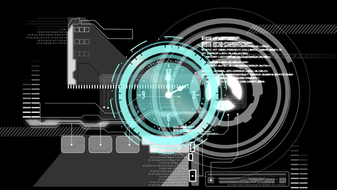 Animation of clock moving over data on black background