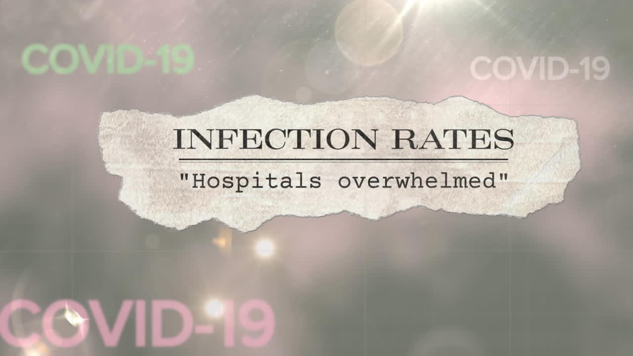 회색 배경에 떠다니는 코로나19라는 단어가 있는 신문 헤드라인의 애니메이션