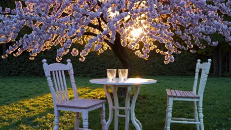 romantic garden setting under cherry blossoms at sunset